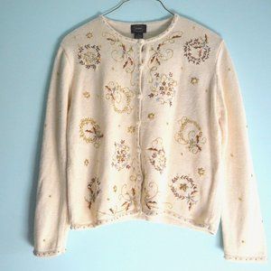 Designers Studio Grandmacore Floral and beaded cream sweater sized XL